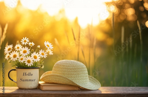 Fototapeta Hello Summer Mug with Daisies and Hat