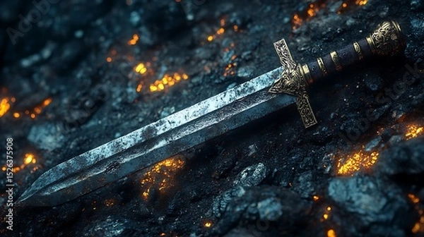 Fototapeta Sword Blade Reflecting Lava Glowing Light High Resolution Picture