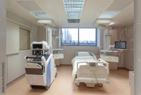 Fototapeta An empty, high-tech hospital room equipped with advanced medical monitoring and treatment equipment.