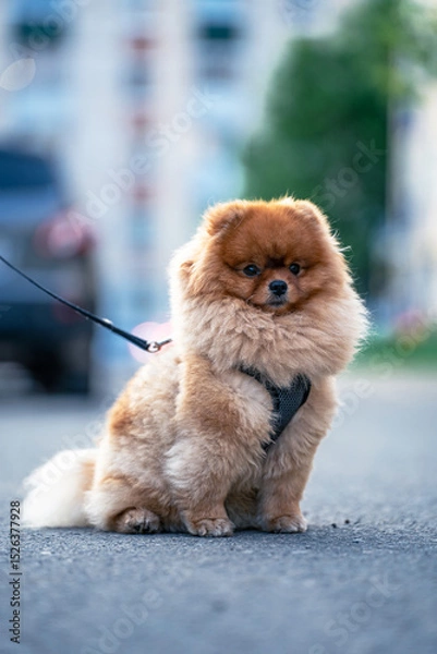 Fototapeta A Pomeranian sits on the asphalt in the middle of the street with a leash