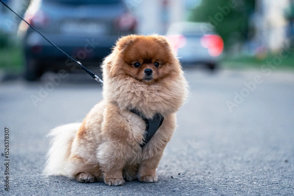 Fototapeta A pomeranian dog is standing on the street with a leash