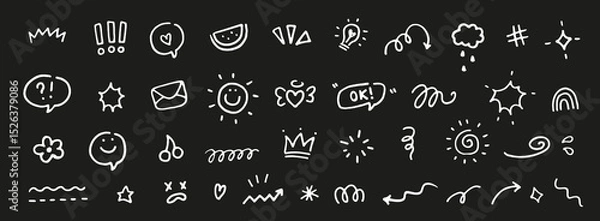 Fototapeta Cute doodle summer design elements. Text marks, arrows, heart, sun. Hand drawn symbols, characters. Sketch line style.