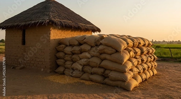 Fototapeta A quaint mud house with a thatched roof stands beside a large stack of hessian sacks filled with grain, illustrating traditional agricultural storage and an authentic rural lifestyle in Pakistan.