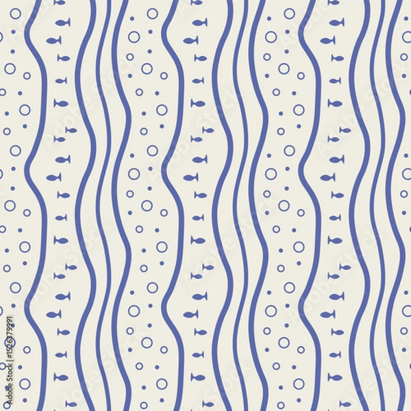 Obraz Marine seamless pattern with little fish. Abstract sea life with blue waves and bubbles on beige background. Mediterranean illustration style.