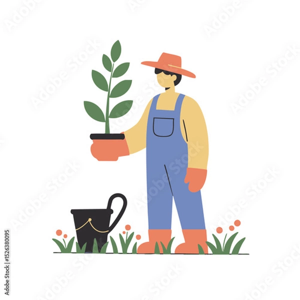 Fototapeta Gardener with brown skin in a proud mood holding a potted plant in a garden with a bucket nearby with copy space