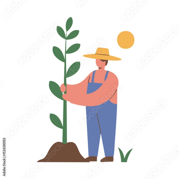 Fototapeta Farmer in a gentle mood tending to a young plant with a sun in the background with copy space.
