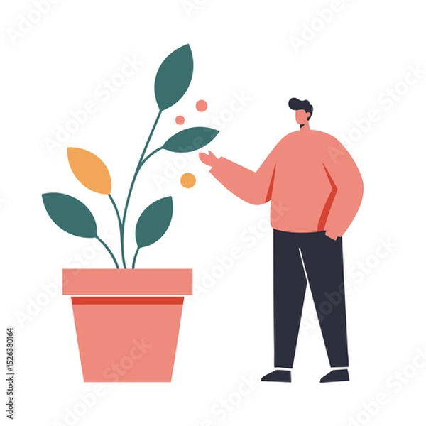 Fototapeta A person in an observant mood interacting with a potted plant against a white background with copy space