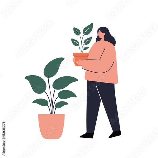 Fototapeta A person in a purposeful mood walking while carrying a potted plant against a white background with copy space