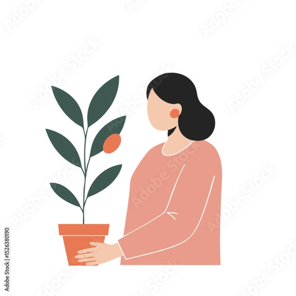 Fototapeta A person with dark hair in a peaceful mood holding a potted plant with a yellow fruit against a white background with copy space.