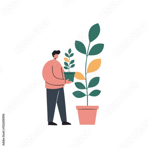 Fototapeta A person in a calm mood holding a potted plant standing next to a larger plant against a white background with copy space