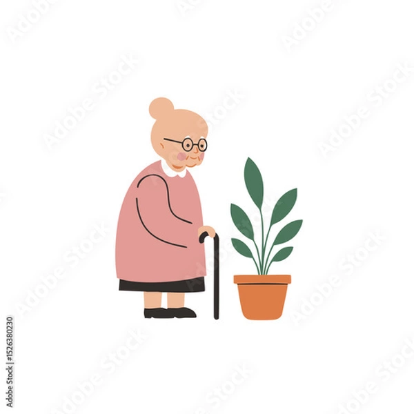 Fototapeta Elderly woman with a cane in an observational mood standing next to a potted plant against a white background with copy space.