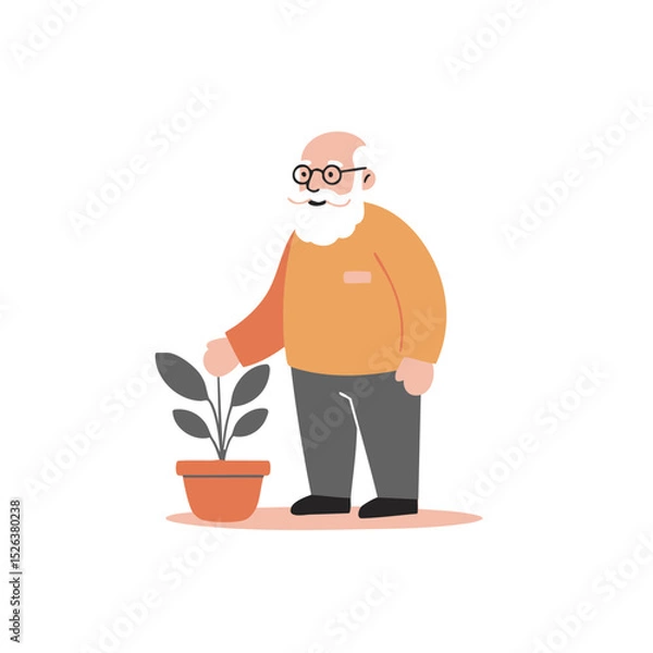 Fototapeta Elderly man with a white beard in a content and peaceful mood standing next to a potted plant against a white background with copy space.