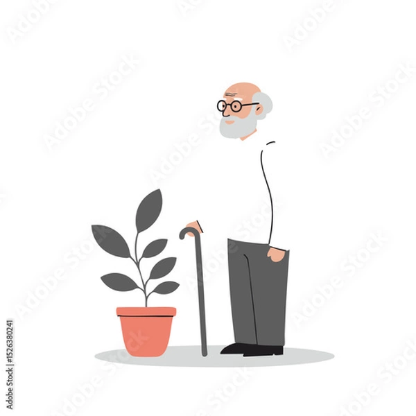 Fototapeta Elderly man with a long white beard and a walking stick in a calm mood standing next to a potted plant against a white background with copy space