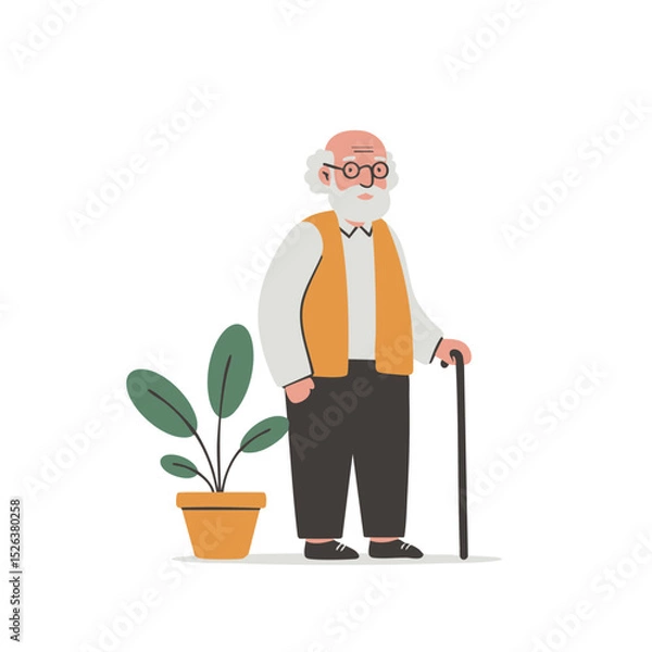 Fototapeta Elderly man with a white beard and a cane in a calm and gentle mood standing next to a potted plant against a white background with copy space