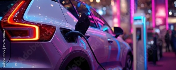 Fototapeta Electric Vehicle Charging at Night with Neon Lights in Urban Setting Showcasing Modern Technology and Innovation