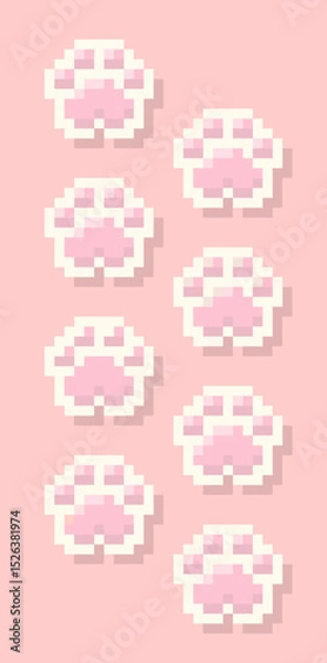 Fototapeta Cat paws pixel art, Cute cat paws footprint 8 bit style on pink background. Vector illustration in retro game style