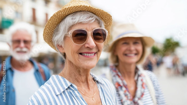 Fototapeta Group of happy smiling senior tourists on summer vacation