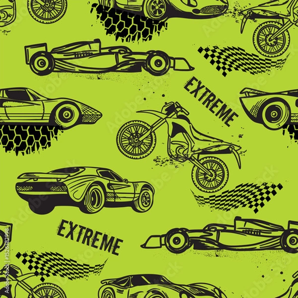 Fototapeta Abstract seamless pattern with sport cars and motobikes .Bright background with grunge elements for textiles, children's clothes, prints. Pattern for boys