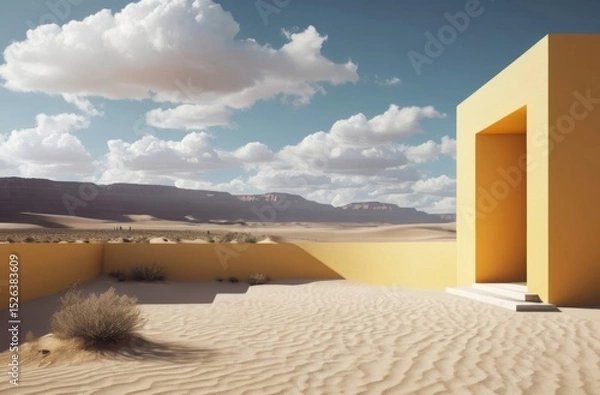 Obraz minimal pastel yellow building in desert like landscape on sunny day with clouds in the sky. Abstract  view. 3d render style illustration.