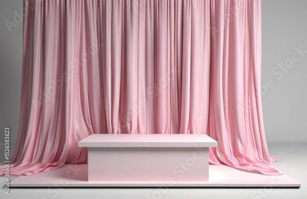 Obraz white 3d render podium shape on stage with pastel pink folded curtains