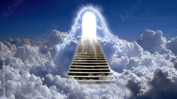 Fototapeta Bright light from heaven shining through an open door with stairs and rays and presence God