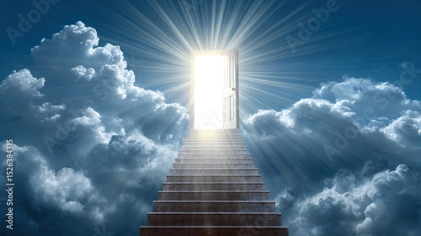 Fototapeta Bright light from heaven shining through an open door with stairs and rays and presence God