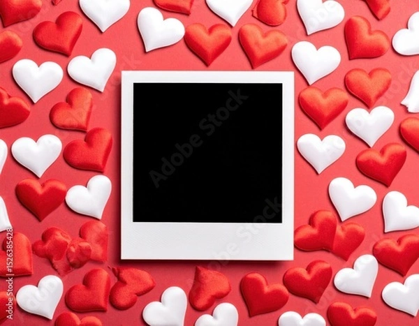 Fototapeta Red and White Hearts Frame a Blank Instant Photo on a Red Background