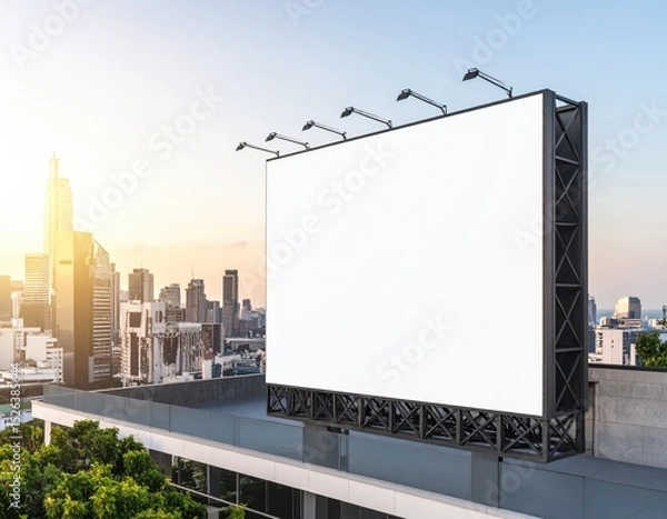 Fototapeta Rooftop Billboard Overlooking Cityscape at Sunset with Lush Greenery