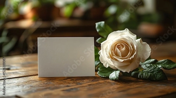 Fototapeta A simple white rose resting beside a blank gift card for expressing condolences