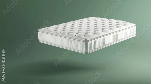 Fototapeta Luxurious white mattress floating in air on green background. Perfect for comfort and relaxation concepts.