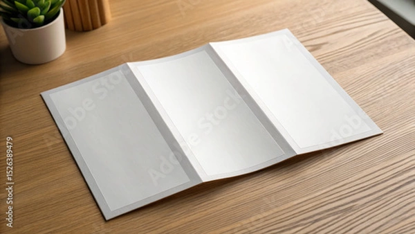 Fototapeta Brochure mockup on wooden table with empty pages for design  