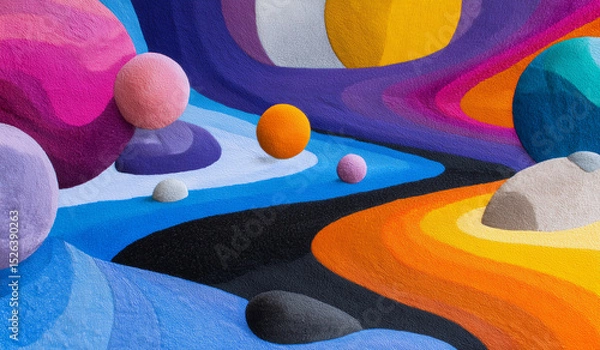 Obraz Vibrant planets in geometric space with color gradient gravity-pooling effect – abstract universe with immersive depth in yarn embroidery style