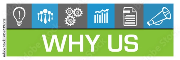 Obraz Why Us Blue Green Box Business Symbols On Top Squares 