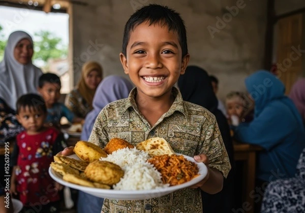 Fototapeta Smiling boy holds plate of food with family in background at mealtime