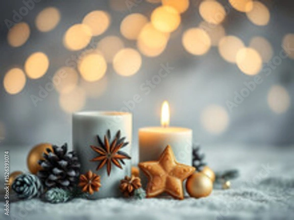 Obraz Christmas burning candle, blurred bokeh background, New Year, white candles glow brightly against a backdrop of soft, gray bokeh lights, surrounded by pine branches and twinkling star ornaments..