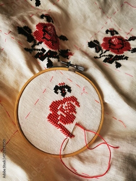Obraz Ukrainian Embroidery with Red and Black Flowers – Needle in Fabric