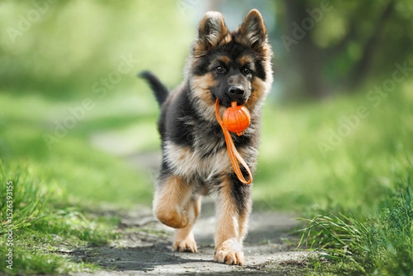 Obraz playful german shepherd puppy fetching a ball