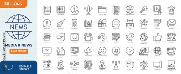 Obraz Media and news line editable icon set. Containing News, Television, blogging, social media, video, promotion, and more. Editable stroke. Vector illustration