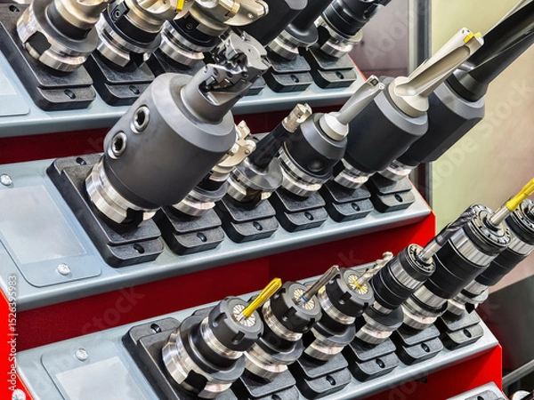 Obraz Precision tools displayed in organized storage for machining at industrial workshop