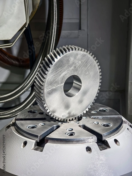 Obraz Precision metal gear placed on a machining table in a modern manufacturing facility during daylight hours
