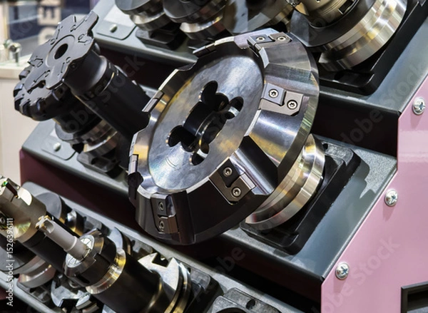 Obraz High-quality precision tools are neatly arranged on racks in a machining workshop