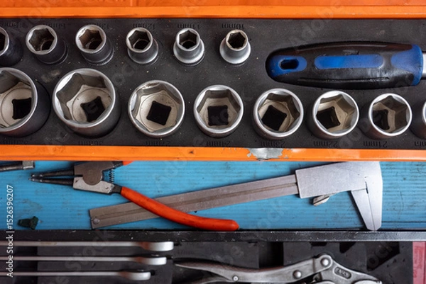 Fototapeta Professional work tools set for technicians in a stylish box.