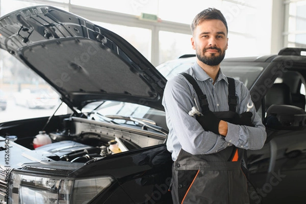 Fototapeta Friendly mechanic in modern car repair shop with car. Professional technician checking vehicle diagnostics and maintenance. Concept of automotive industry and customer service