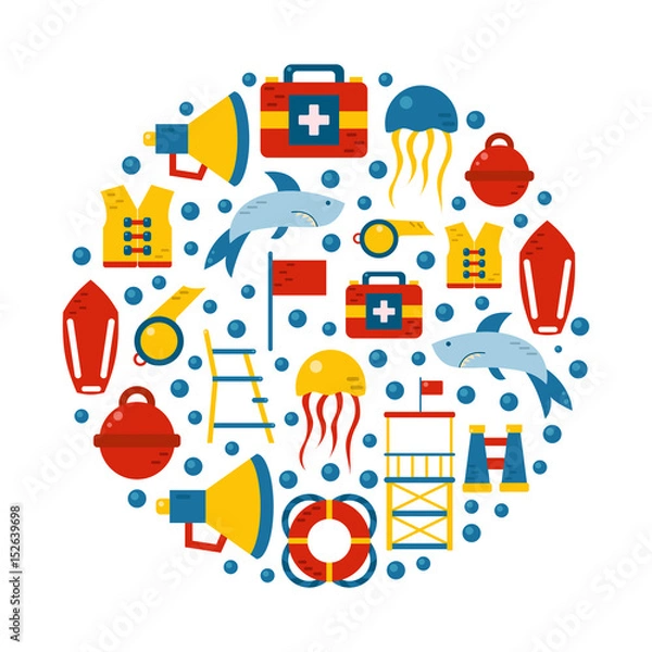 Fototapeta Vector cartoon flat lifeguard background