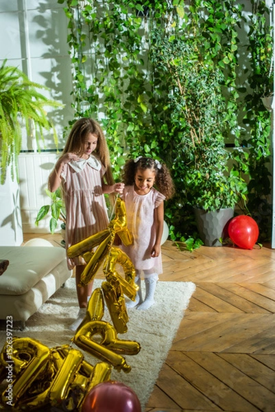 Obraz girls, Sisters joyfully embracing each other in a lush and cozy living space filled with warmth