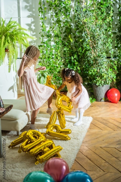 Obraz girls, Sisters joyfully embracing each other in a lush and cozy living space filled with warmth