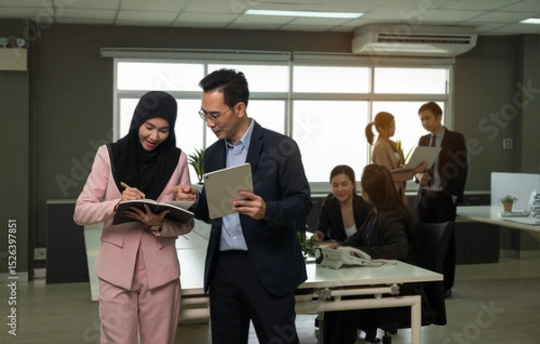 Fototapeta Professional office environment with colleagues collaborating. Businessman using digital tablet and woman in hijab taking notes while other team members working in background in open plan