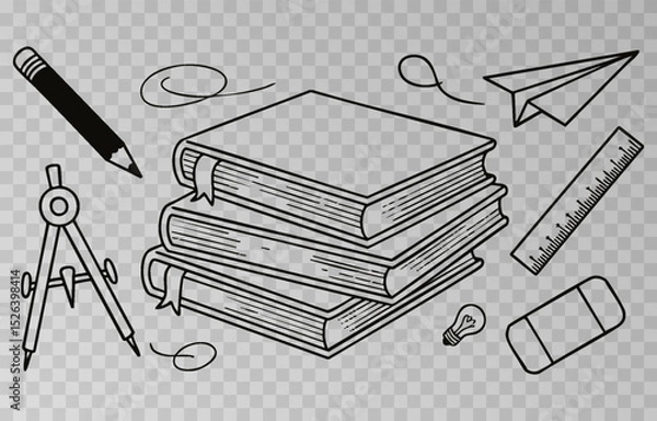 Fototapeta Hand-drawn school supplies icons png set on transparent background. Back to school doodle hand drawn elements, vector set. Vector illustration.