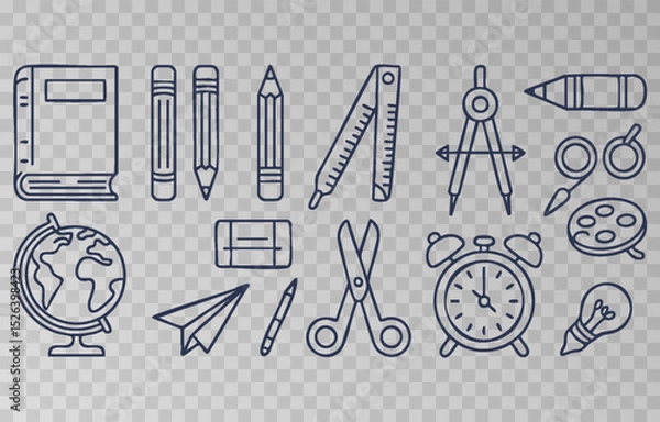 Fototapeta Hand-drawn school supplies icons png set on transparent background. Back to school doodle hand drawn elements, vector set. Vector illustration.