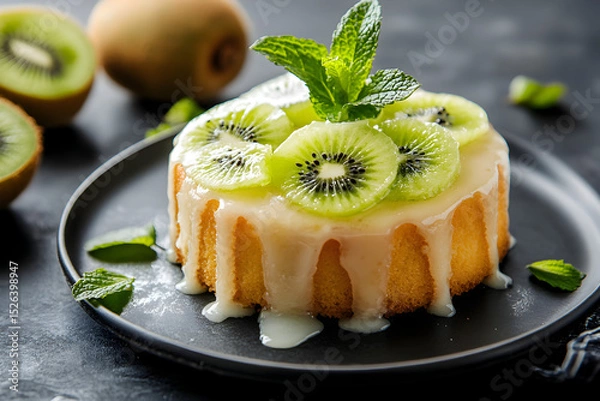 Fototapeta Cake drizzled with kiwi-flavored glaze and garnished with mint leaves. 
